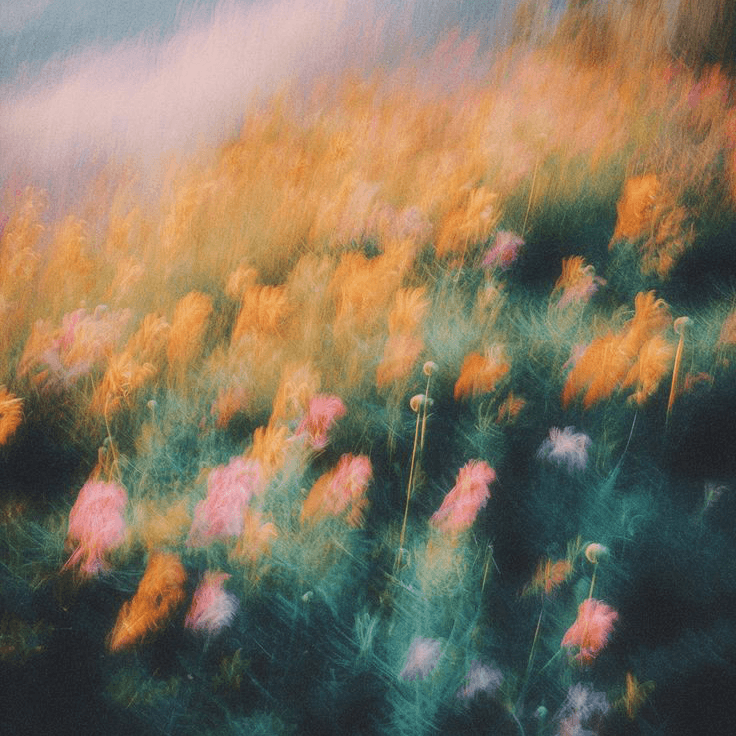 A soft, dreamy blur of a wildflower meadow in orange, pink, and teal, swaying in the wind.