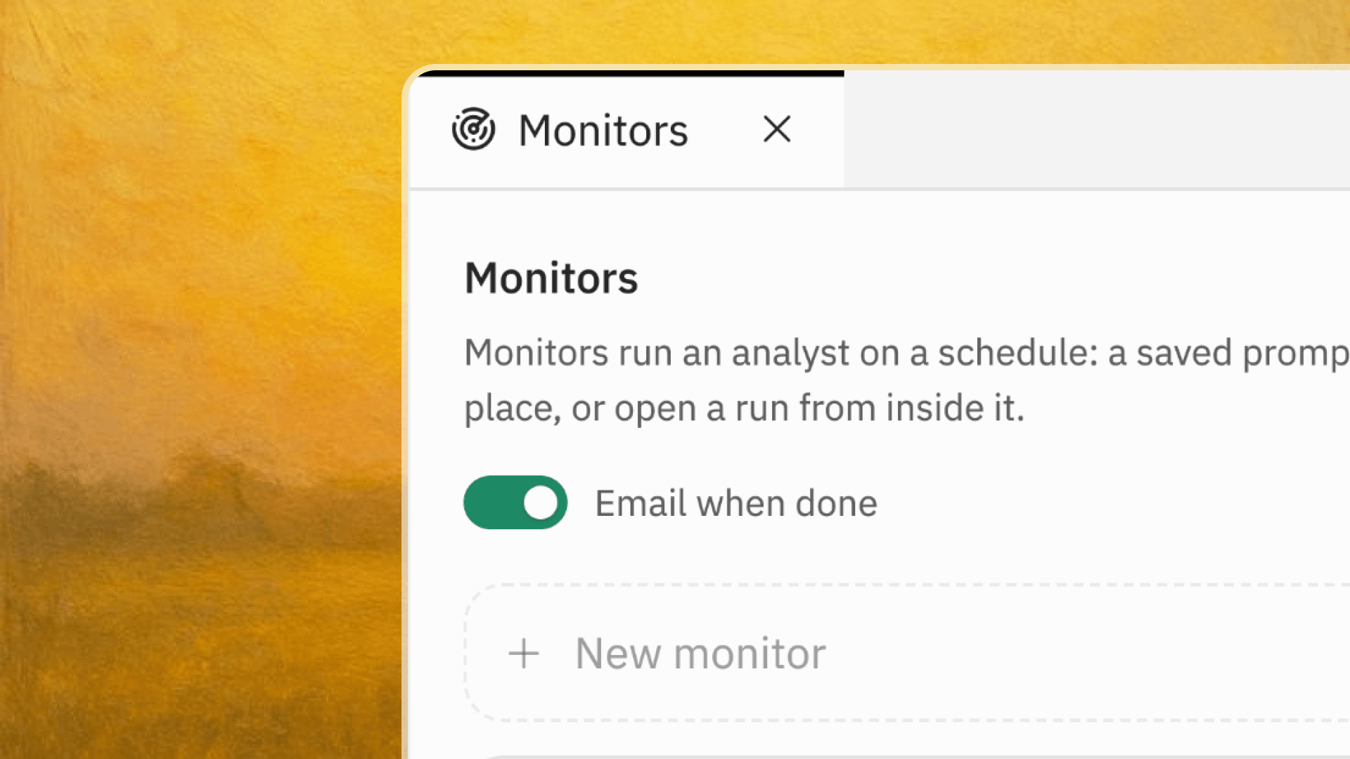 The Monitors panel in Investi, with email-when-done turned on and a button to create a new monitor.