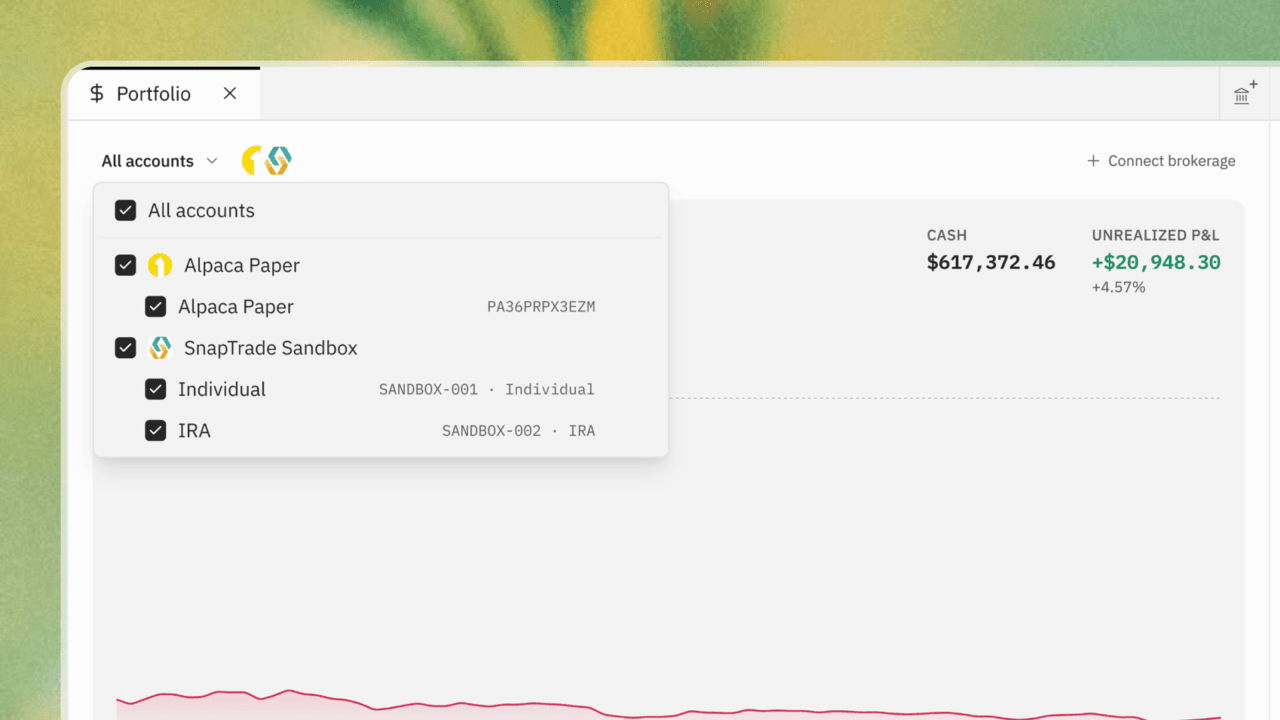 The Portfolio tab with the account picker open, listing two brokerages and their accounts under All accounts.